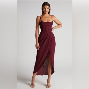 High Low Wrap Corset Wedding Guest/Bridesmaid Dress in Burgundy Wine Red